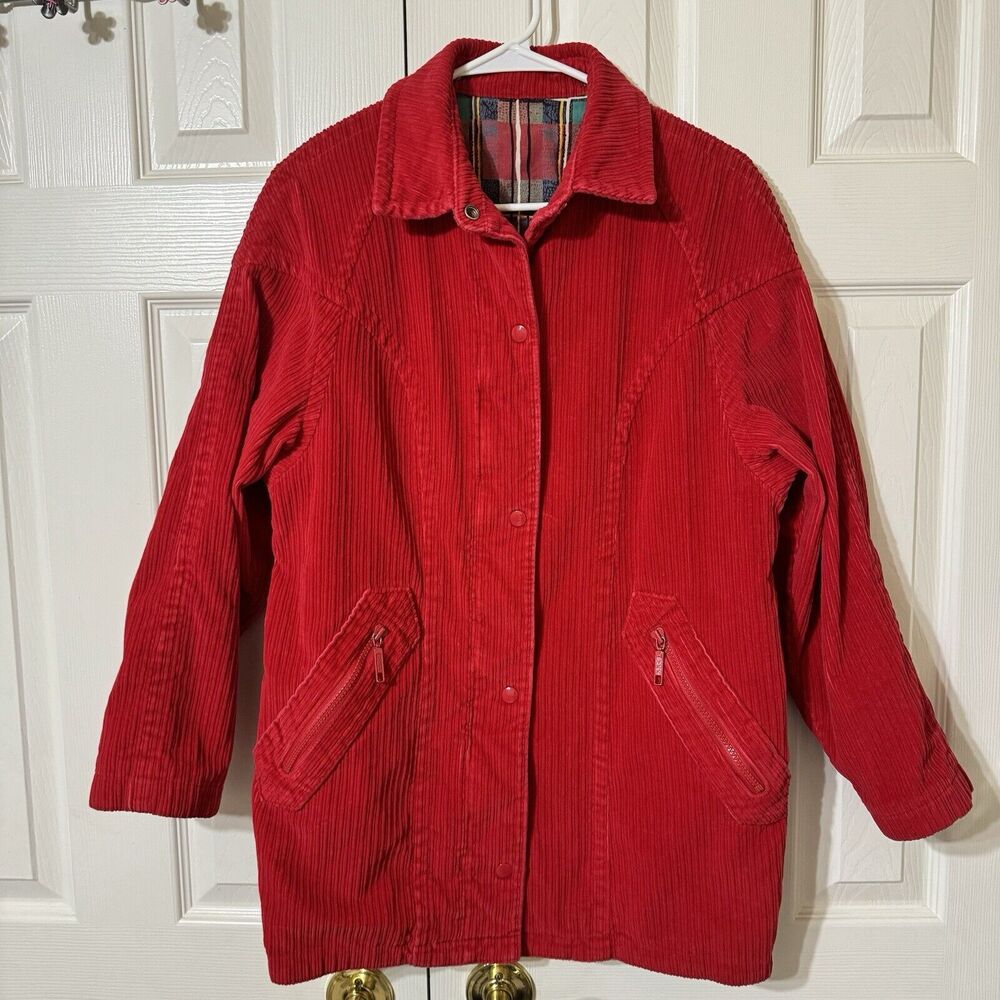 EUC VTG Korean‎ Jacket Womens Red Corduroy Button Up Collared Long Sleeves-Sz 10